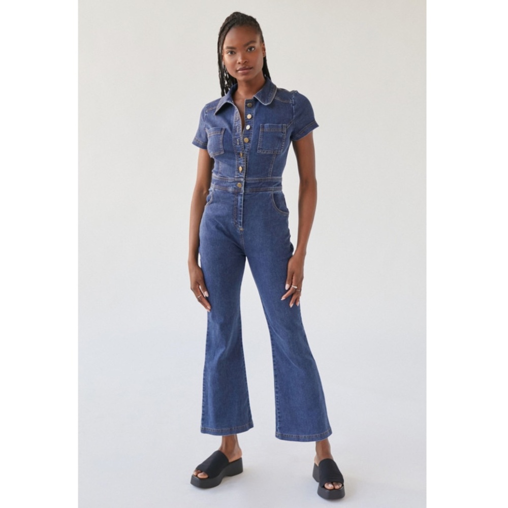 NWT Urban Outfitters Denim Coverall Jumpsuit Button Front Short Sleeves Large